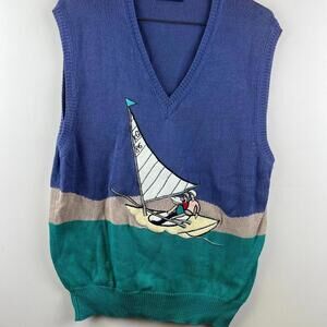 80s Vintage Wakefield Sweater Vest L Blue Nautical Sailboat Embroidery USA